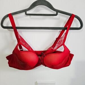 Adore Me Women's Size 38C Lingerie Cut Out Bra Red Lace Sexy Push Up